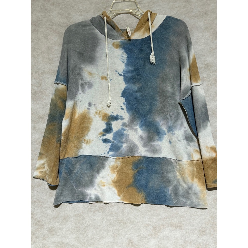 Lime n Chili Women Blue Mustard Tie Dye Oversized Raw Hem Hoodie Pullover L